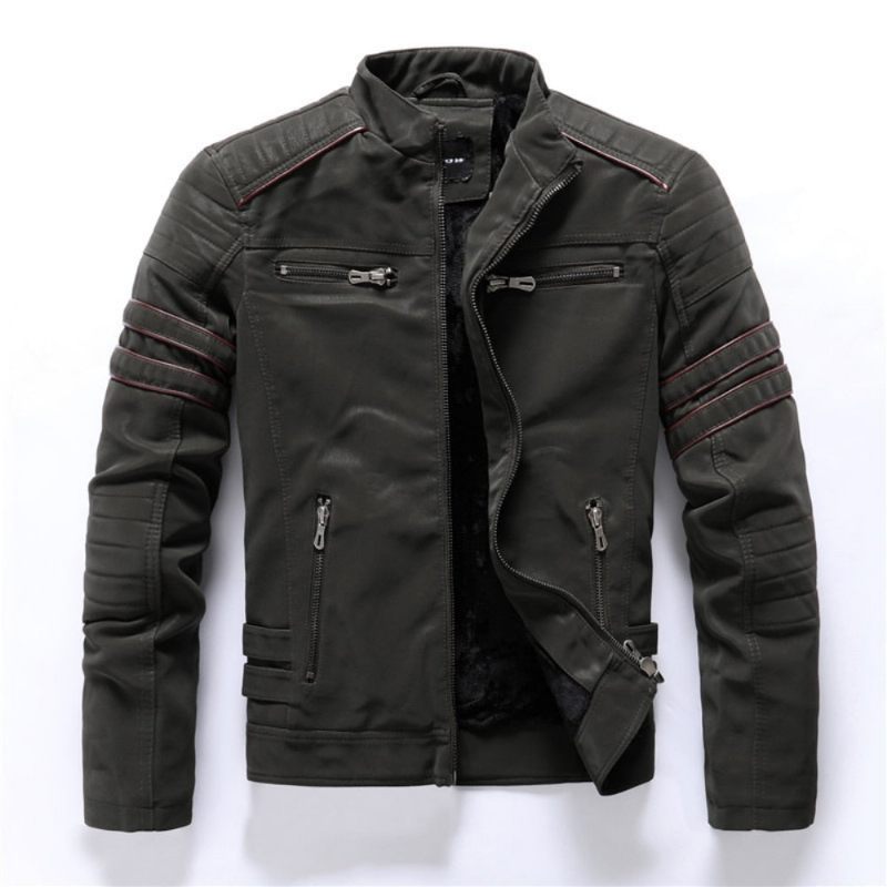 Vinter Motorcykel Læderjakke Mænd Vintage Fleece Varm Multi-lomme Læder Frakke Mandlige Lynlås Efterår Outwear Jakker - Black01