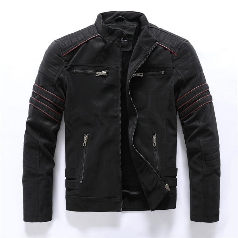 Vinter Motorcykel Læderjakke Mænd Vintage Fleece Varm Multi-lomme Læder Frakke Mandlige Lynlås Efterår Outwear Jakker - Black01