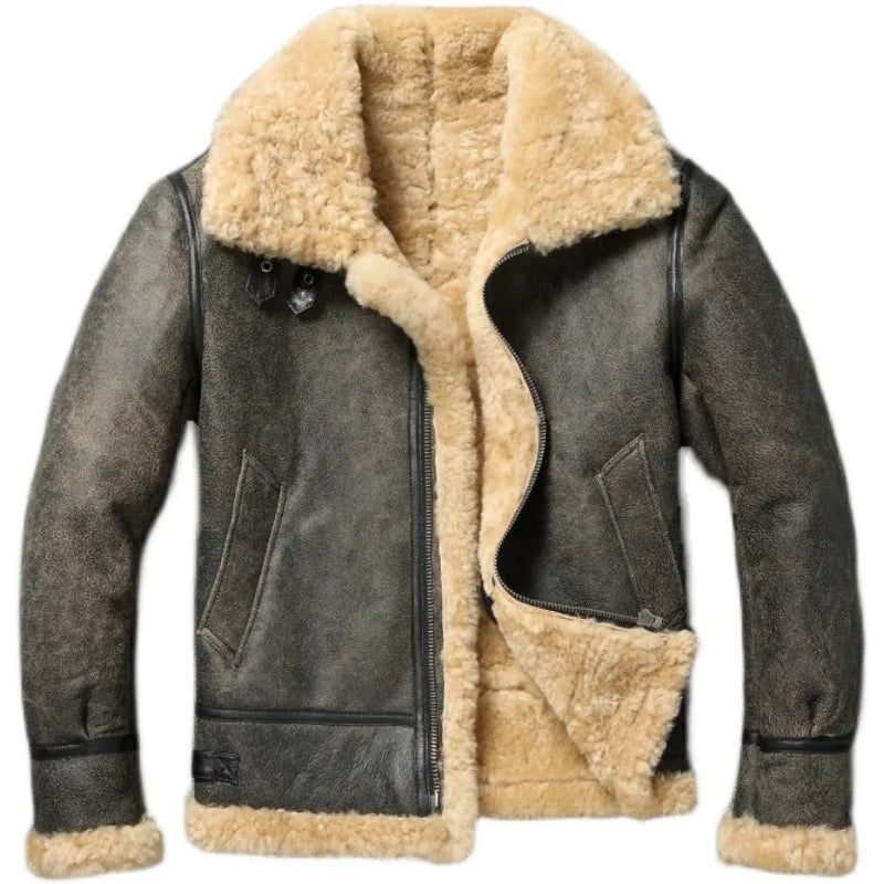 Vinter Varm Tyk Uld Læderjakke Mænd Ægte Pels Naturlig Shearling Outwear. - Grå