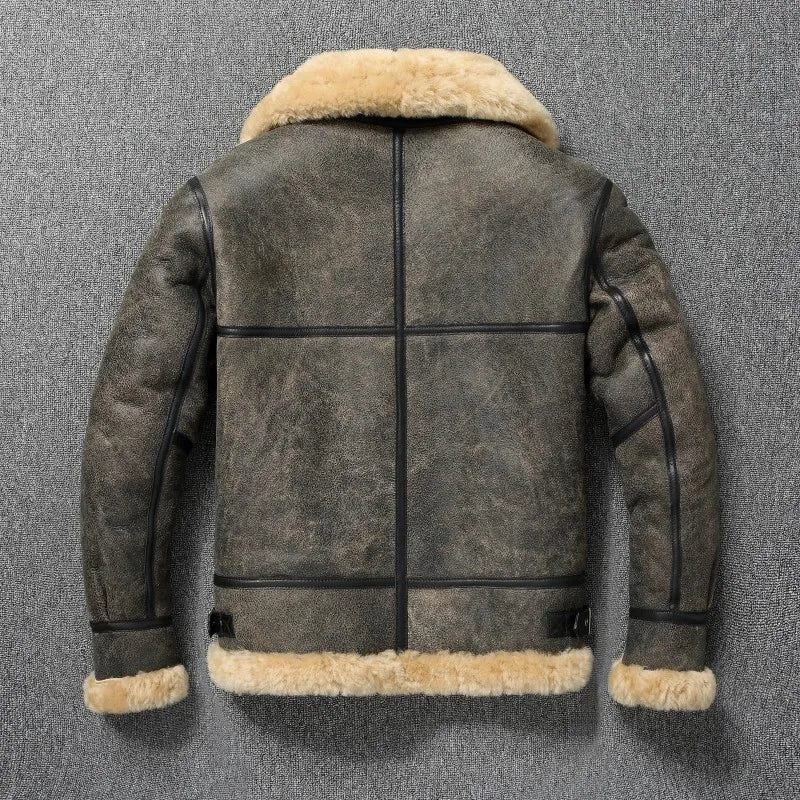 Vinter Varm Tyk Uld Læderjakke Mænd Ægte Pels Naturlig Shearling Outwear. - Grå