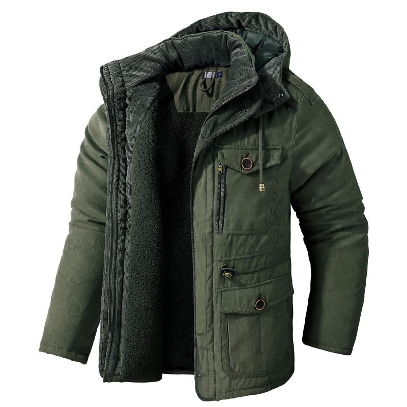 Mænd Tykke Varme Vinterparkaer Frakker Afslappet Fleece Indvendige Polstrede Jakker Windbreaker Hætte Us Size Military Army Cargo Tøj - Army Green