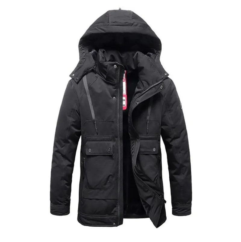 Vinter Mænds Tykkere Jakke Herre Casual Hooded Warm Windbreaker Parkas Frakker Mand - Sort