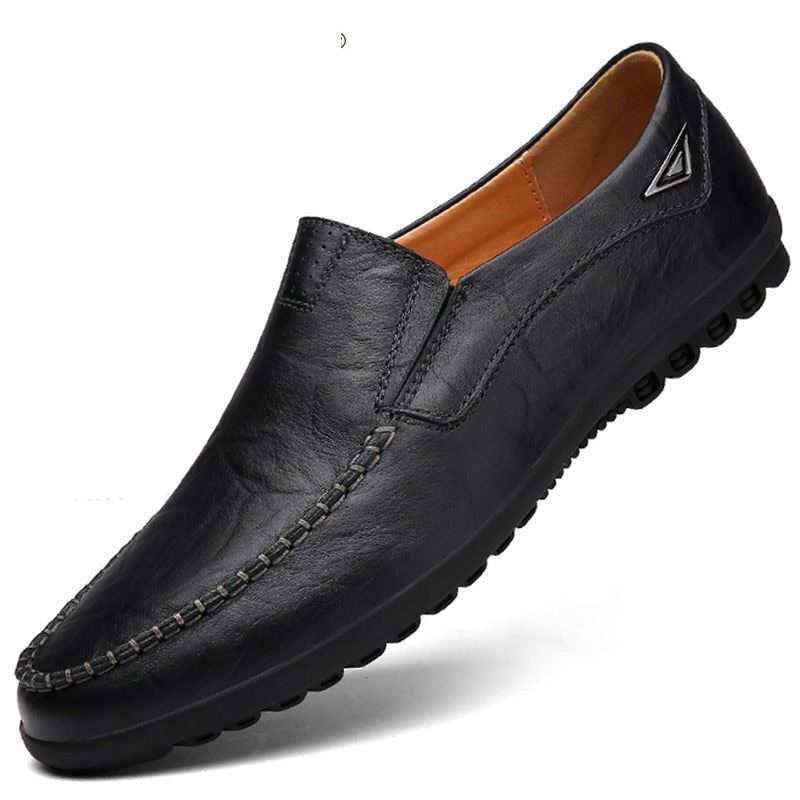 Ægte Læder Mænd Sko Casual Luksus Italienske Herre Loafers Mokkasiner Åndbar Slip On Boat Sko - Sort