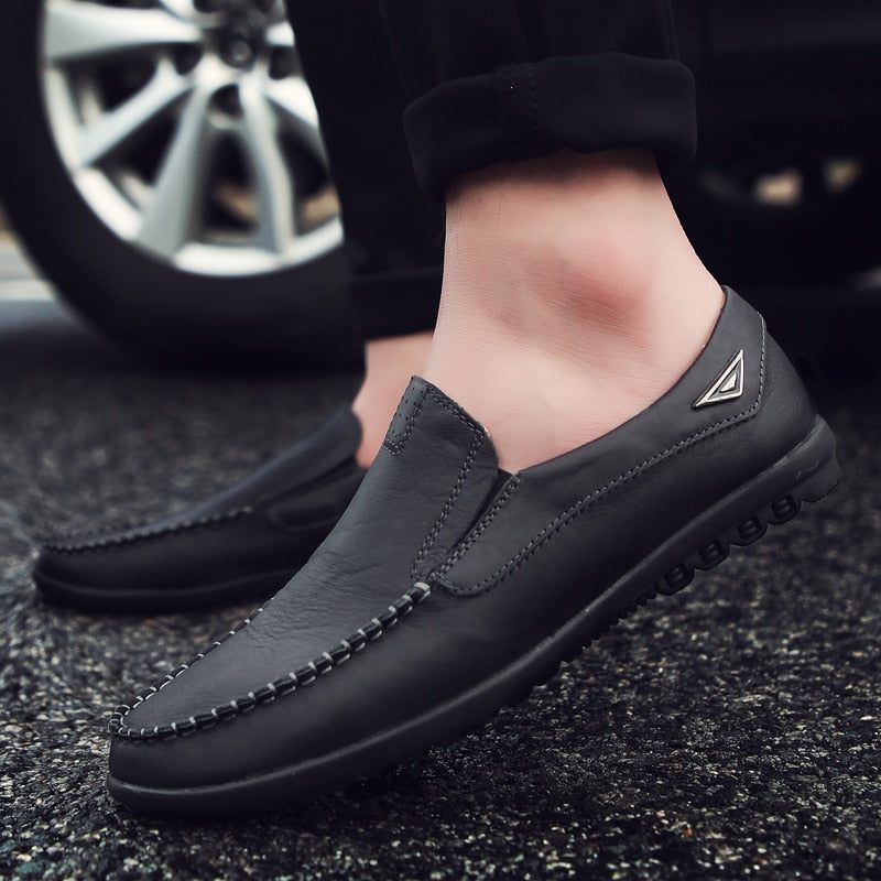 Ægte Læder Mænd Sko Casual Luksus Italienske Herre Loafers Mokkasiner Åndbar Slip On Boat Sko - Sort