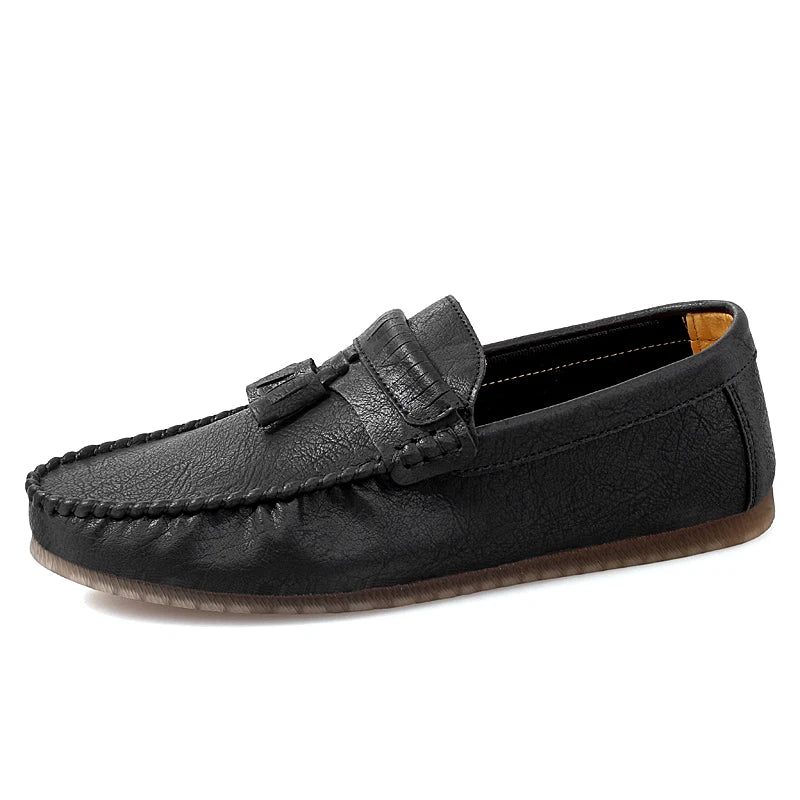 Læder Mænd Loafers Sko Håndlavede Kvast Man Sko Slip On Flat - Sort