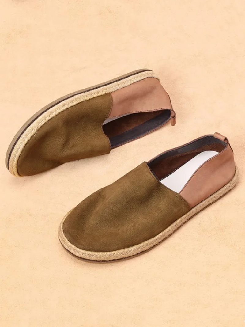 Sommer Åndbar Ægte Læder Loafers Mænd Slip-on Daily Casual Flat Shoes Mandlige Vintage - Kaffe