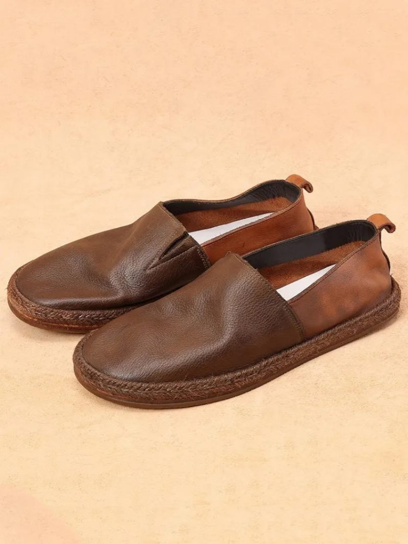 Sommer Åndbar Ægte Læder Loafers Mænd Slip-on Daily Casual Flat Shoes Mandlige Vintage - Kaffe