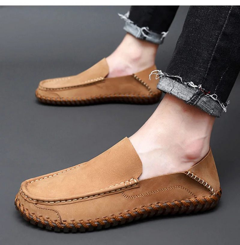 Sommer Mænd Casual Slip On Lædersko Bløde Komfortsko Loafers Herre - Khaki