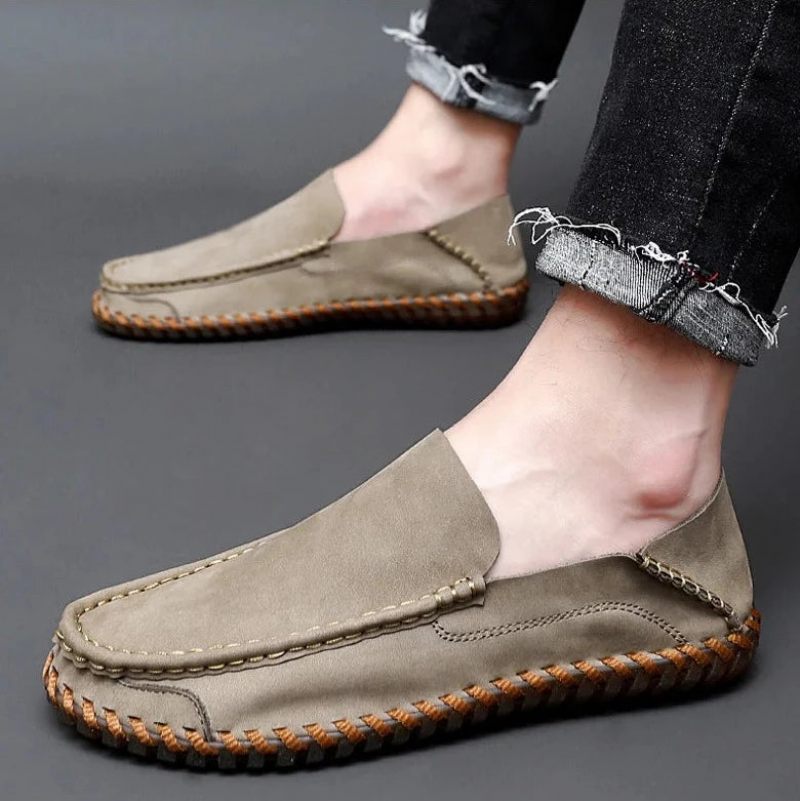 Sommer Mænd Casual Slip On Lædersko Bløde Komfortsko Loafers Herre - Khaki