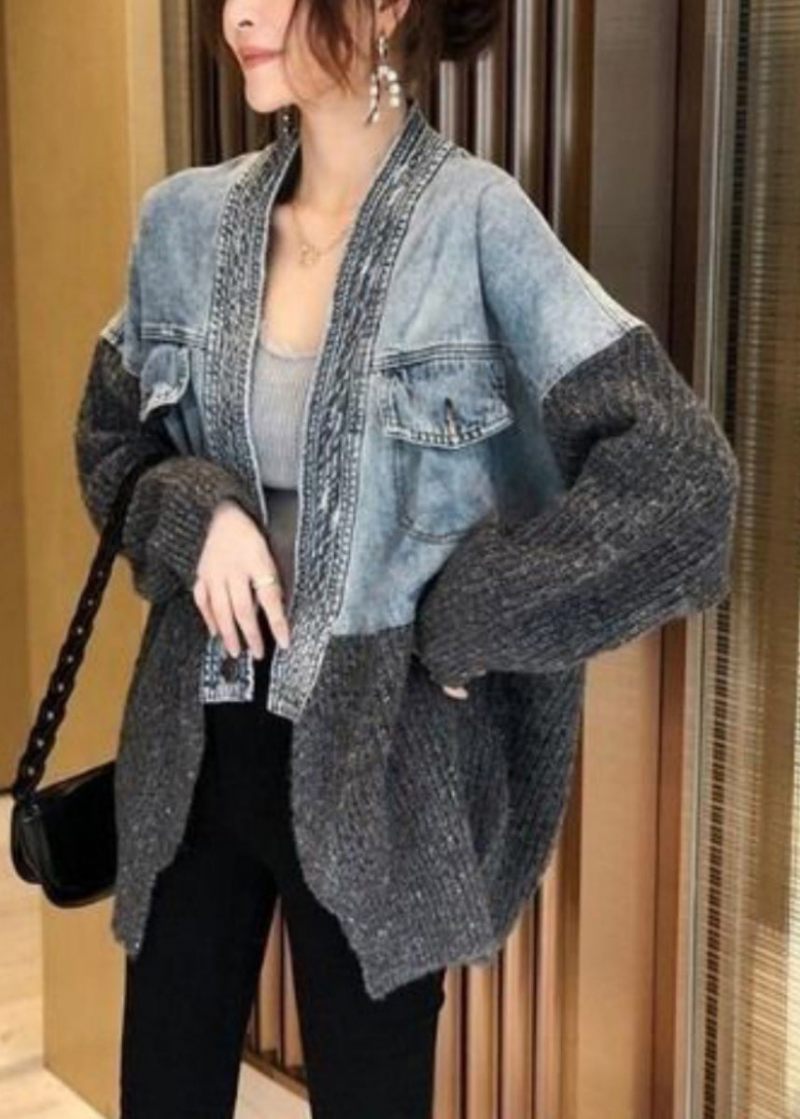 2024 Efterår Vinter Ny Loose Fit Denim Splejset Strikket Cardigan Coat