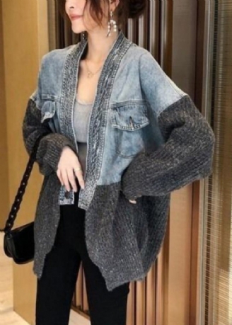 2024 Efterår Vinter Ny Loose Fit Denim Splejset Strikket Cardigan Coat