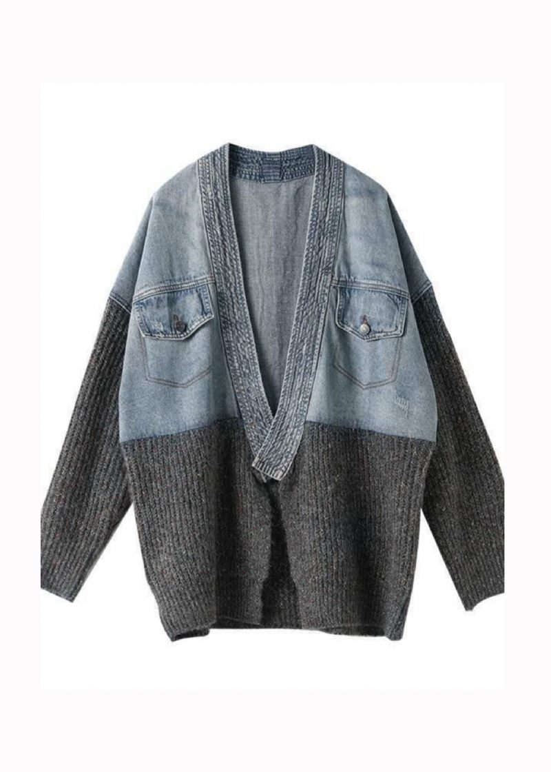 2024 Efterår Vinter Ny Loose Fit Denim Splejset Strikket Cardigan Coat - Dame cardigans