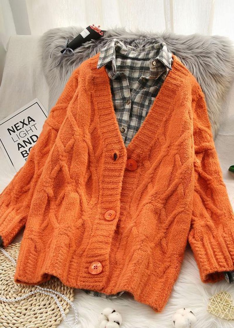 Æstetiske Røde Strikkede Cardigans Trendy Plus Size Langærmede Trøjer Med V-hals - Orange