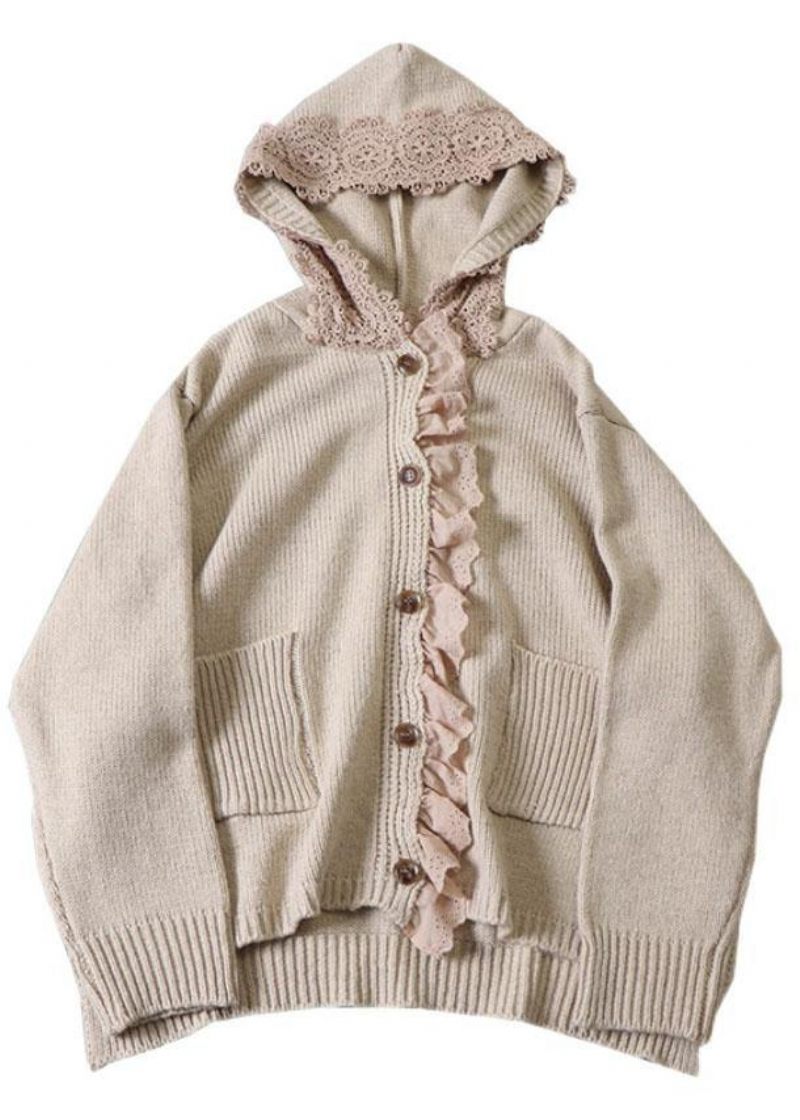 Art Beige Hætte Knap Lommer Fall Strik Sweatere Frakke - Beige