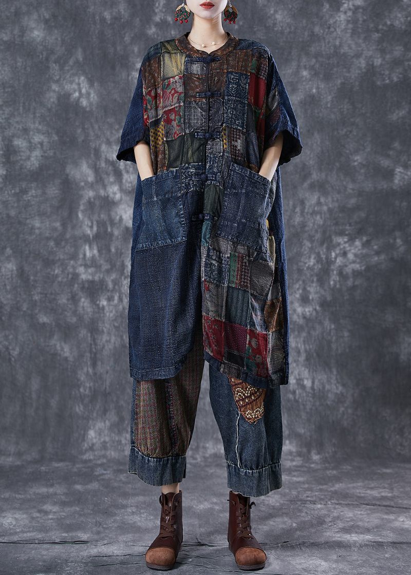 Art Navy Oversized Patchwork Kinesisk Button Denim Cardigans Sommer - Dame cardigans