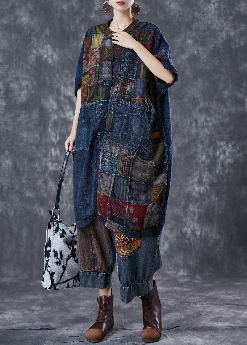 Art Navy Oversized Patchwork Kinesisk Button Denim Cardigans Sommer - Dame cardigans