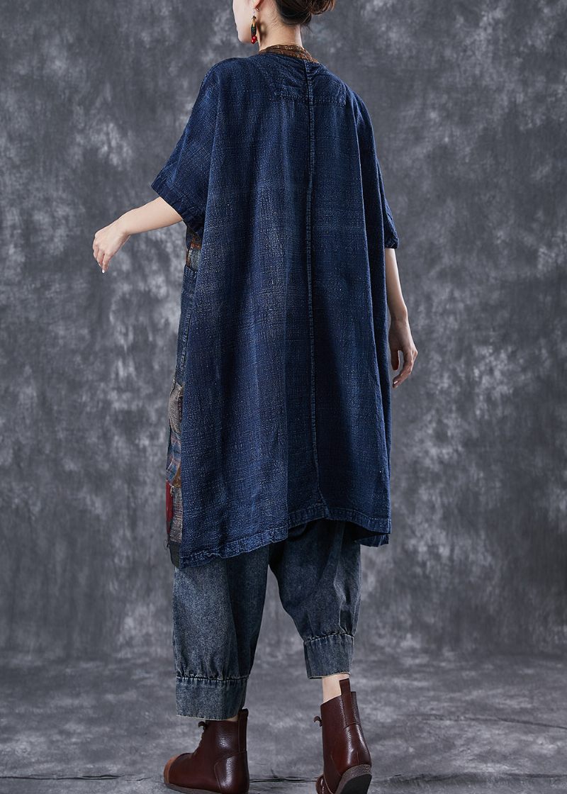 Art Navy Oversized Patchwork Kinesisk Button Denim Cardigans Sommer - Dame cardigans