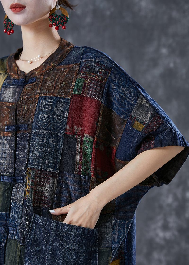 Art Navy Oversized Patchwork Kinesisk Button Denim Cardigans Sommer - Dame cardigans