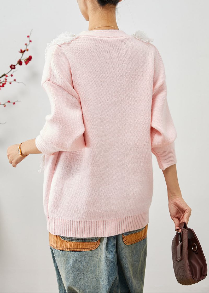 Art Pink Flæsede Patchwork Varme Strik Frakker Efterår - Dame cardigans