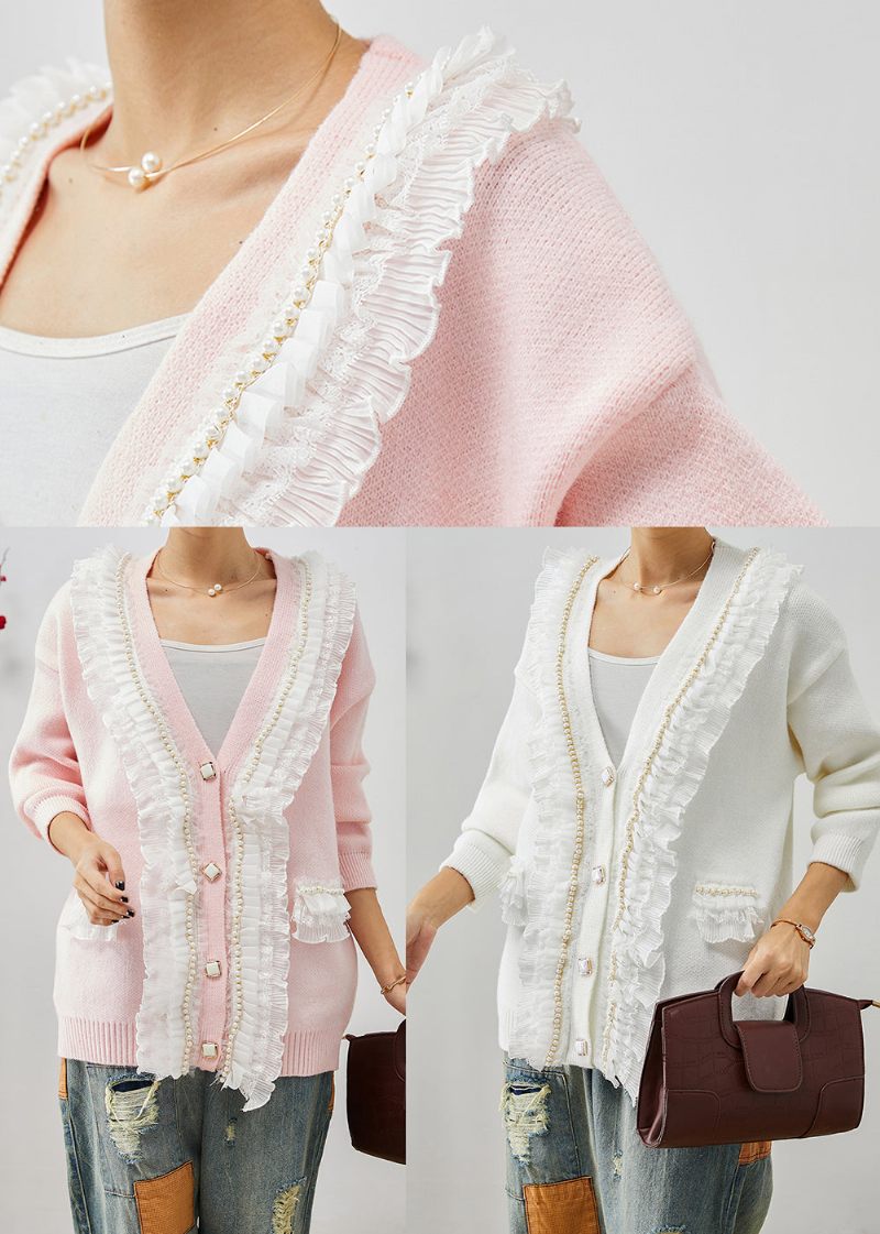 Art Pink Flæsede Patchwork Varme Strik Frakker Efterår - Dame cardigans