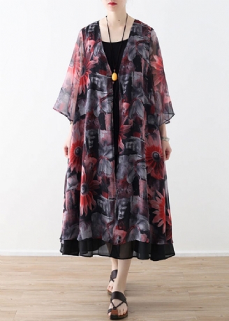 Art Rød Printet Chiffon Frakke Robe Sommer Kjoler Cardigan