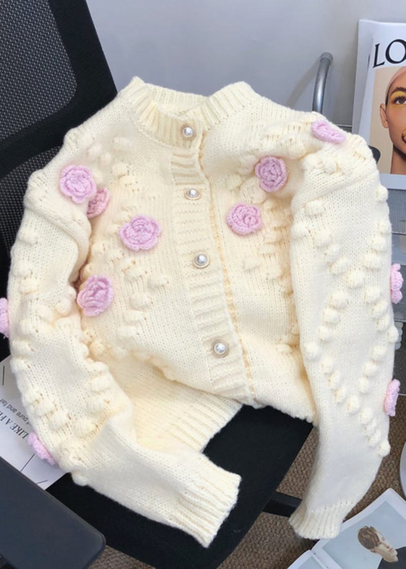 Beige Blomster Patchwork Strik Cardigans O Hals Knap Efterår