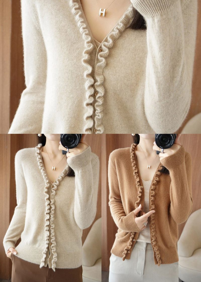 Beige Camel Farve Knap Tyk Cashmere Strik Cardigans Langærmet - Beige Kamelfarve