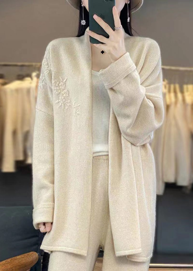 Beige Hyggelig Patchwork Cashmere Cardigan V-hals Langærmet - Dame cardigans