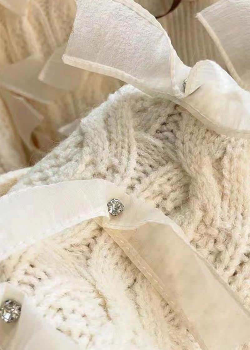 Beige Hyggelig Patchwork Strik Frakker V-hals Langærmet - Dame cardigans