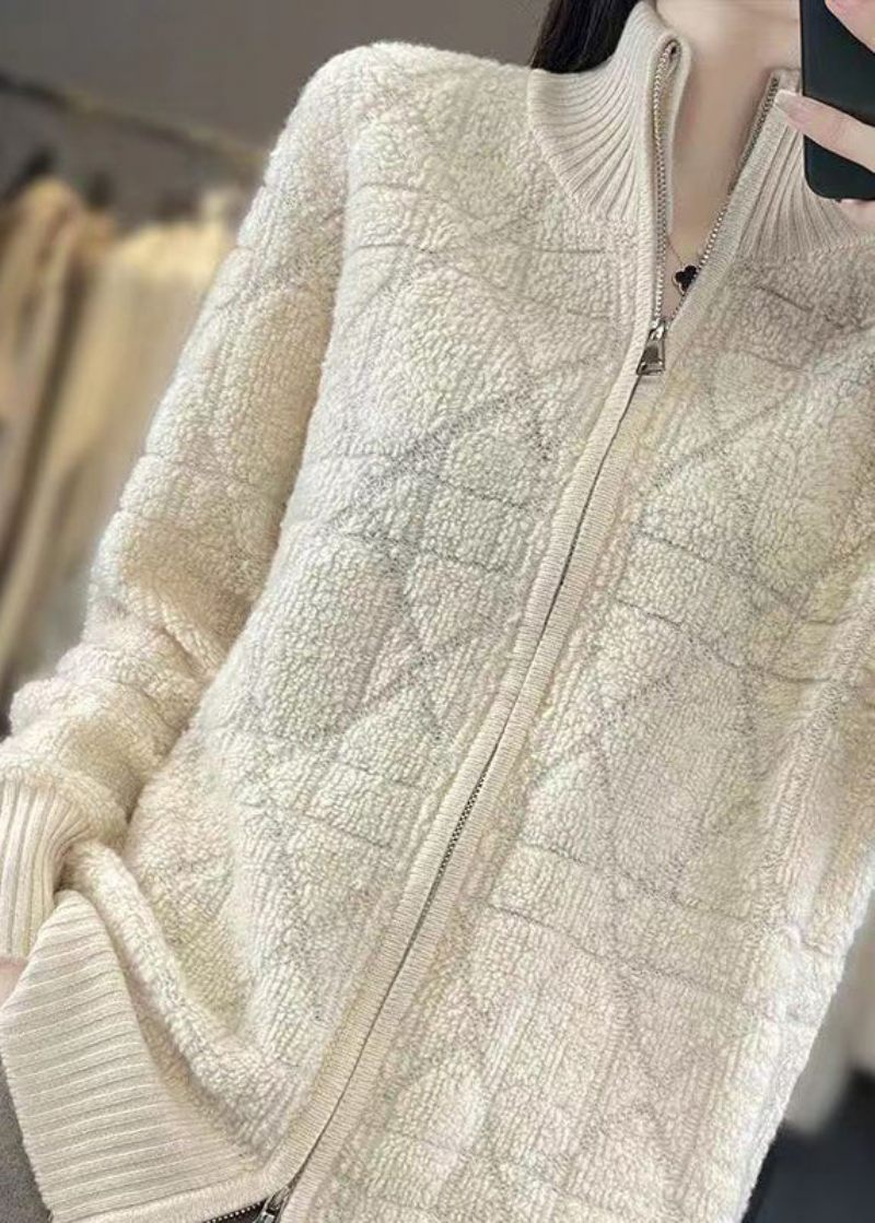 Beige Hyggelig Patchwork Uld Frakker Stand Krave Langærmet - Dame cardigans