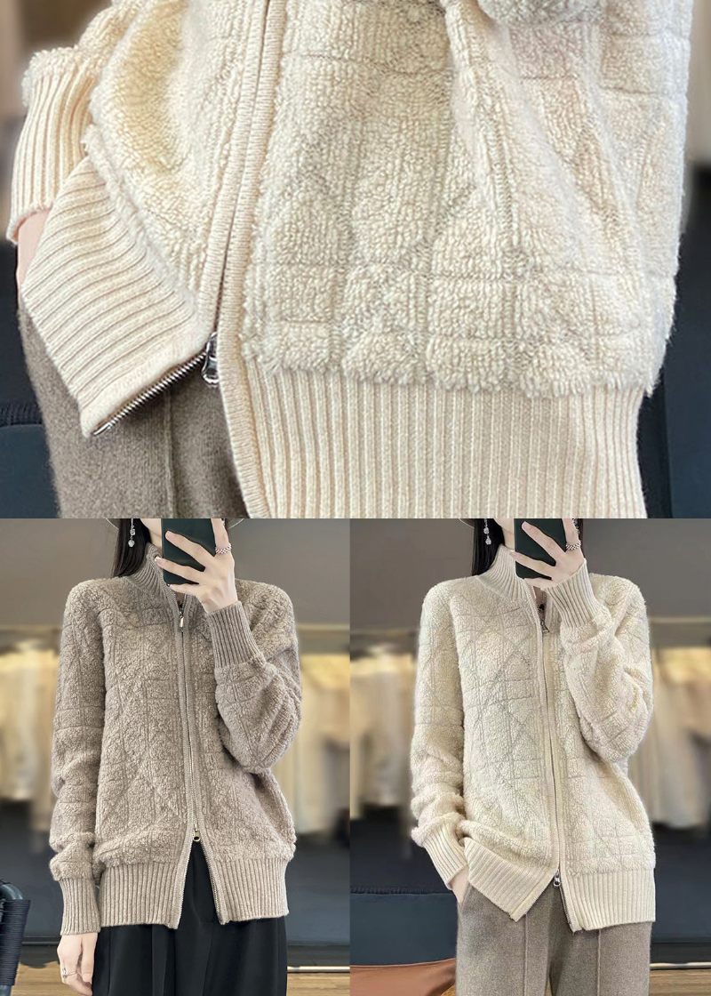 Beige Hyggelig Patchwork Uld Frakker Stand Krave Langærmet - Dame cardigans