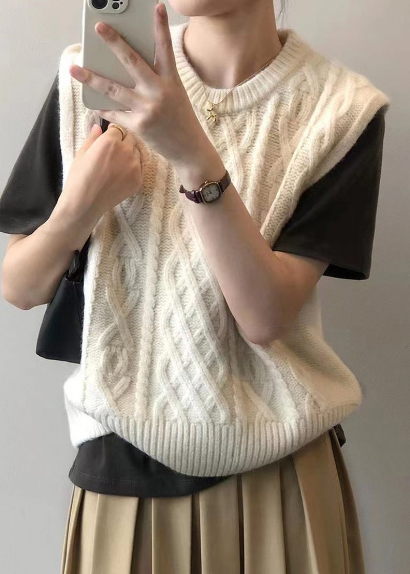 Beige Patchwork Løs Strik Vest Top O Hals Efterår