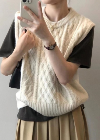 Beige Patchwork Løs Strik Vest Top O Hals Efterår