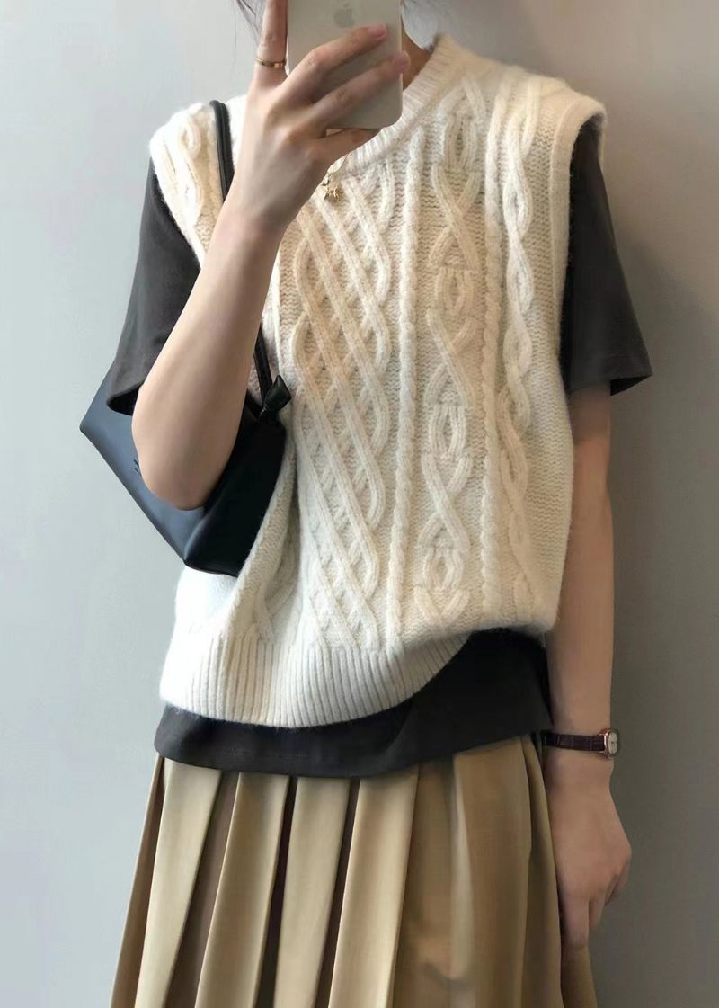 Beige Patchwork Løs Strik Vest Top O Hals Efterår - Dame cardigans