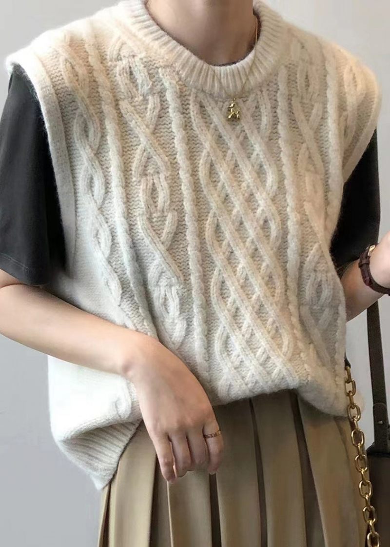 Beige Patchwork Løs Strik Vest Top O Hals Efterår - Dame cardigans