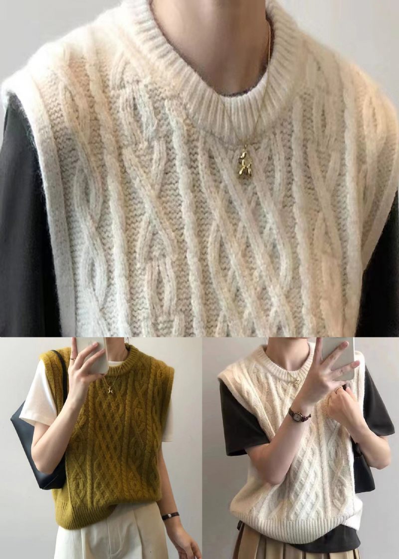 Beige Patchwork Løs Strik Vest Top O Hals Efterår - Dame cardigans