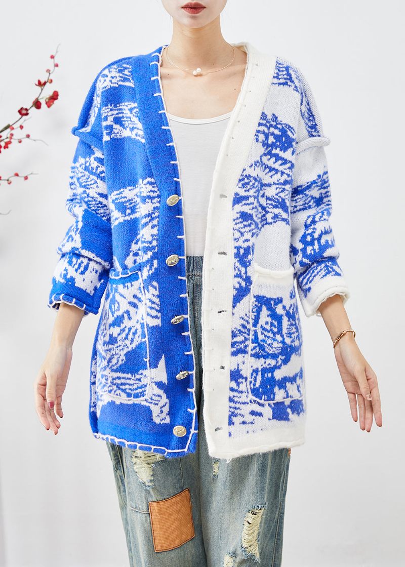 Blå Tie Dye Strik Cardigan Asymmetrisk Button Down Fall