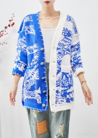 Blå Tie Dye Strik Cardigan Asymmetrisk Button Down Fall