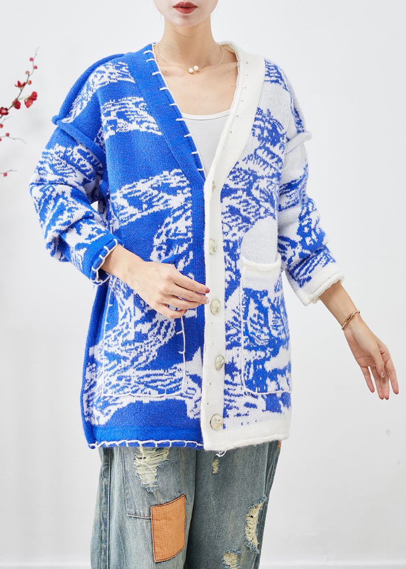 Blå Tie Dye Strik Cardigan Asymmetrisk Button Down Fall - Dame cardigans