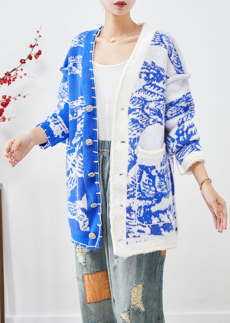 Blå Tie Dye Strik Cardigan Asymmetrisk Button Down Fall - Dame cardigans