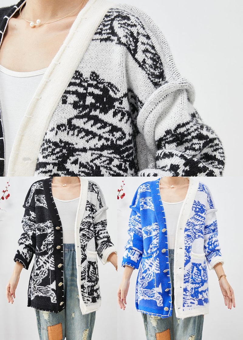 Blå Tie Dye Strik Cardigan Asymmetrisk Button Down Fall - Dame cardigans