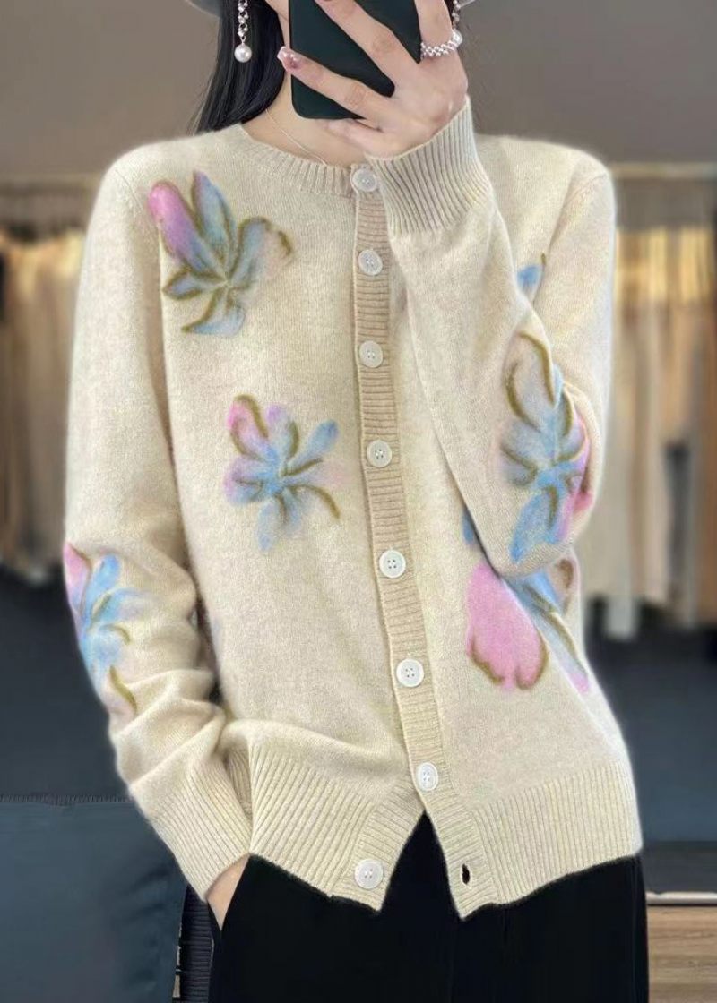 Blomster Hvid O-hals Knap Bomuld Strik Coat Spring - Dame cardigans