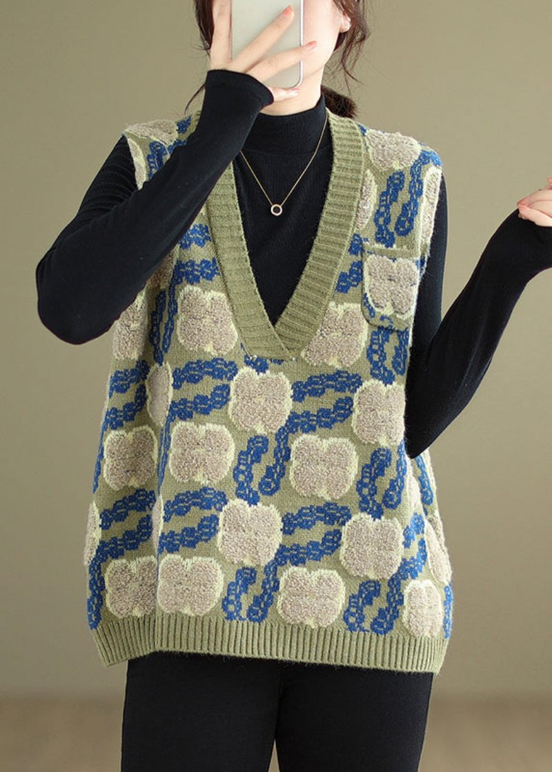 Blomstergrøn V-hals Patchwork Hyggelig Strik Vest Ærmeløs - Dame cardigans