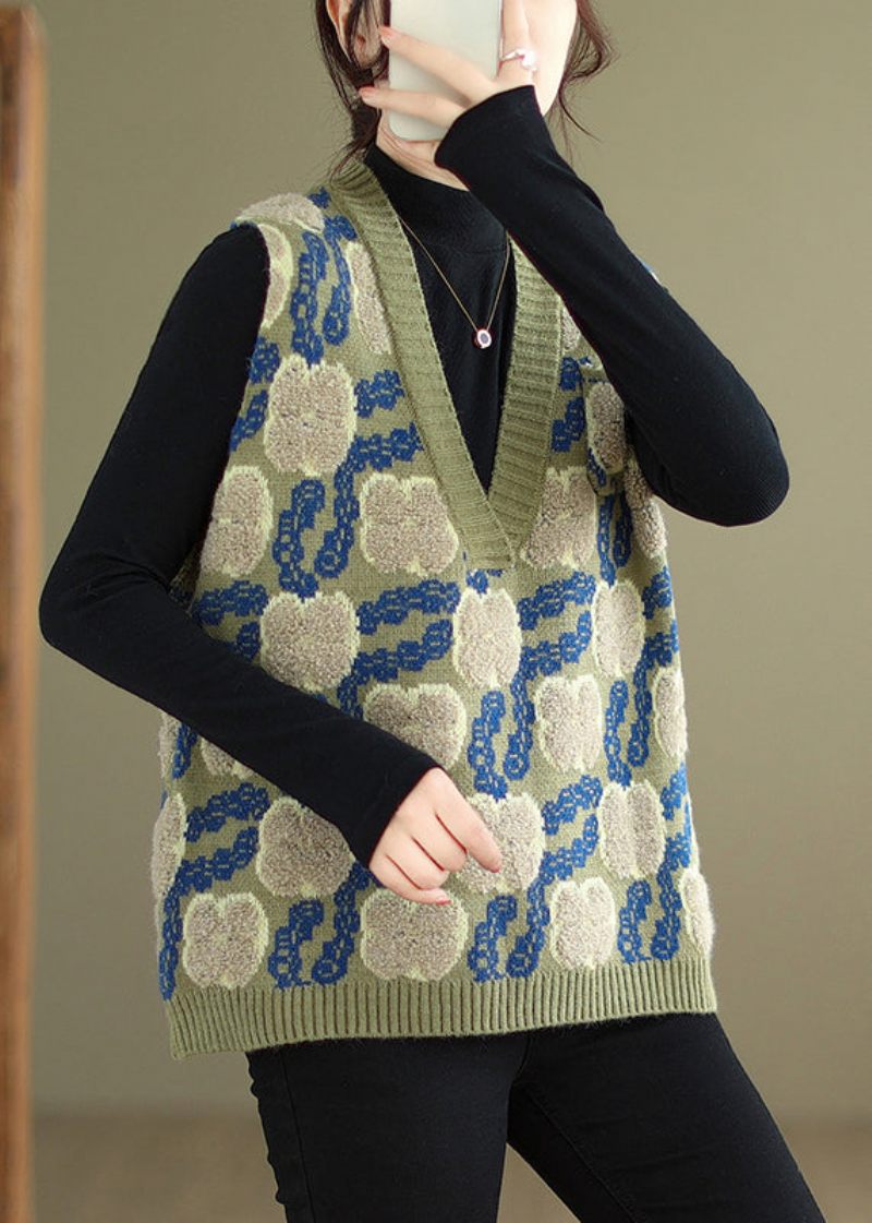 Blomstergrøn V-hals Patchwork Hyggelig Strik Vest Ærmeløs - Dame cardigans