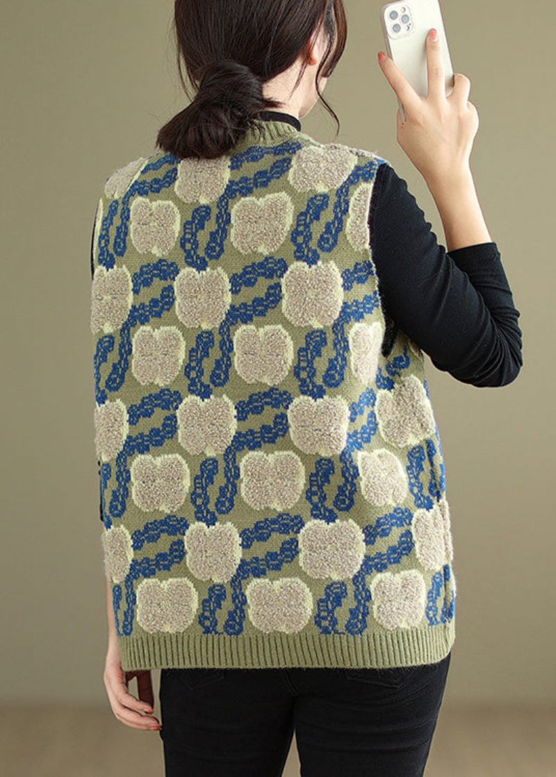 Blomstergrøn V-hals Patchwork Hyggelig Strik Vest Ærmeløs - Dame cardigans