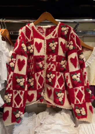 Blomsterrød O-hals Knap Patchwork Strik Cardigan Langærmet