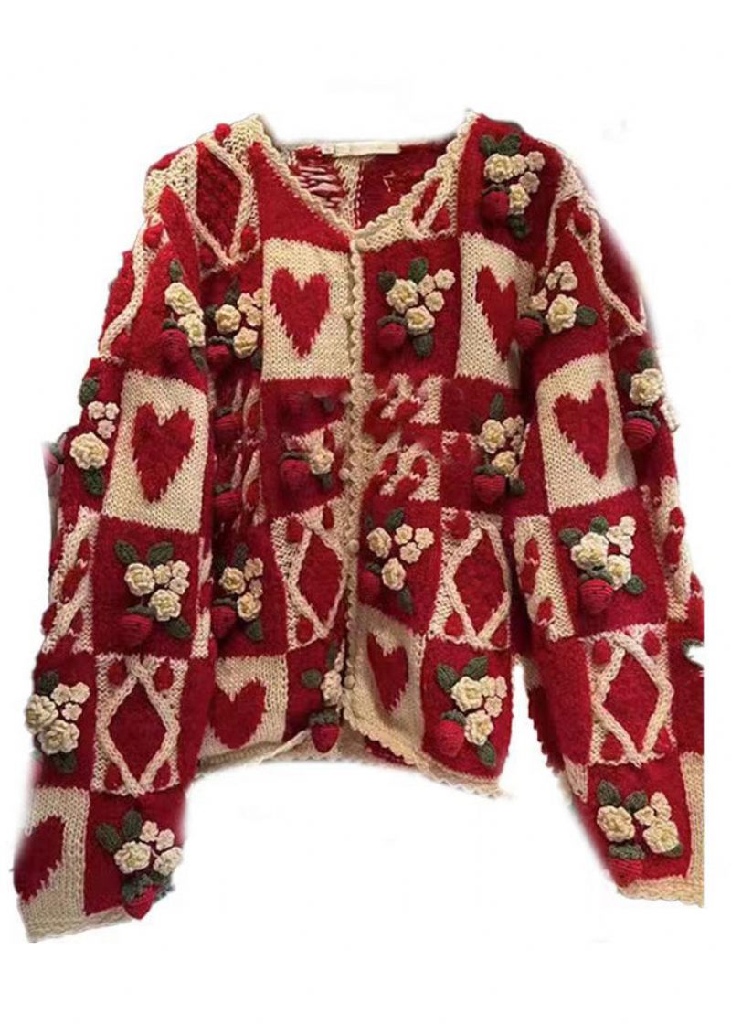 Blomsterrød O-hals Knap Patchwork Strik Cardigan Langærmet - Dame cardigans