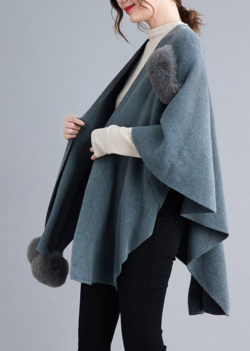 Blue Grey Patchwork Knit Cape Coats Fuzzy Ball Asymmetrisk Fall - Dame cardigans