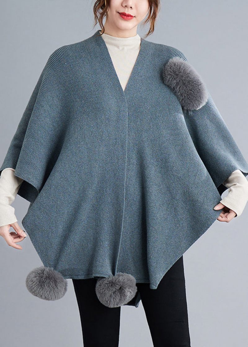 Blue Grey Patchwork Knit Cape Coats Fuzzy Ball Asymmetrisk Fall - Dame cardigans