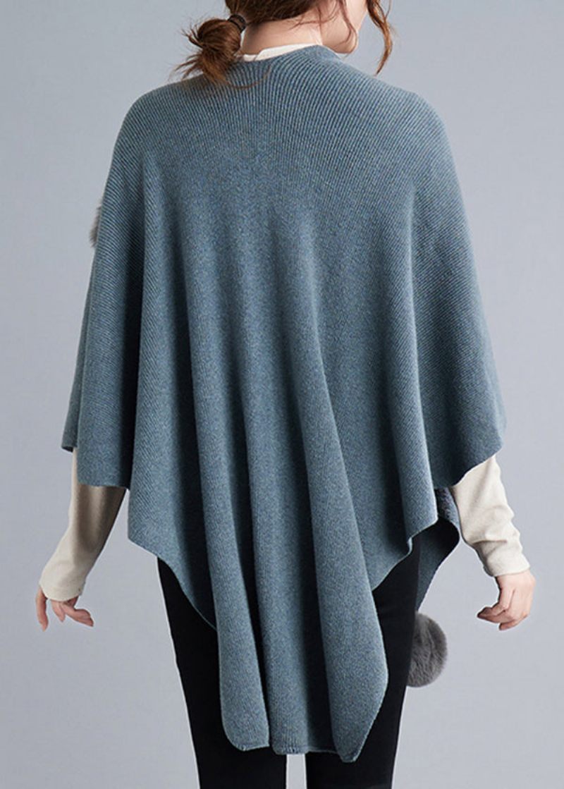 Blue Grey Patchwork Knit Cape Coats Fuzzy Ball Asymmetrisk Fall - Dame cardigans